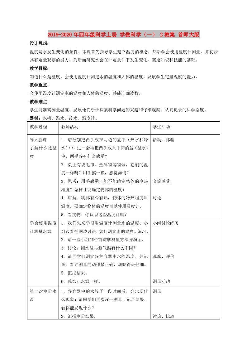 2019-2020年四年级科学上册