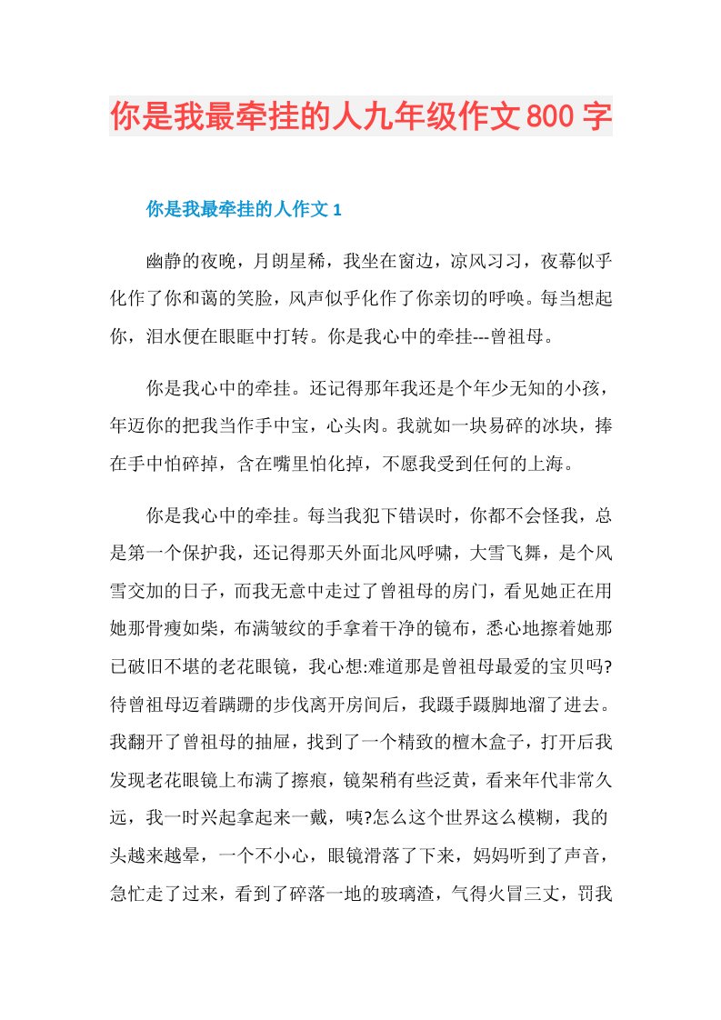 你是我最牵挂的人九年级作文800字