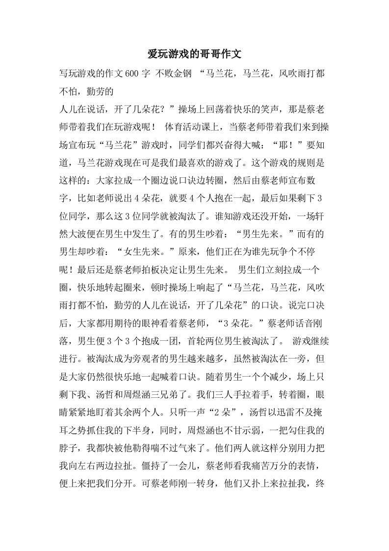 爱玩游戏的哥哥作文