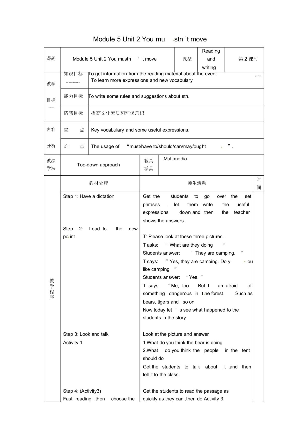 九年级英语下册Module5RulesandsuggestionsUnit2Youmustn’tmove教案外研版