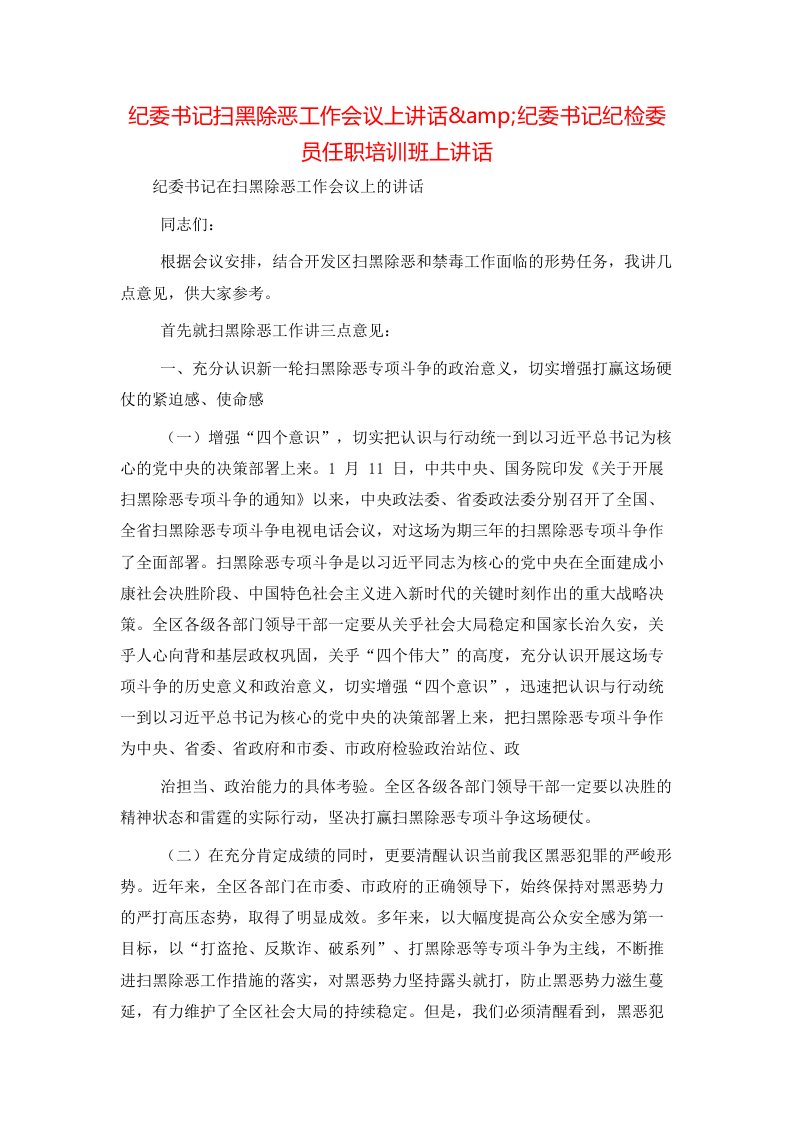 纪委书记扫黑除恶工作会议上讲话amp纪委书记纪检委员任职培训班上讲话