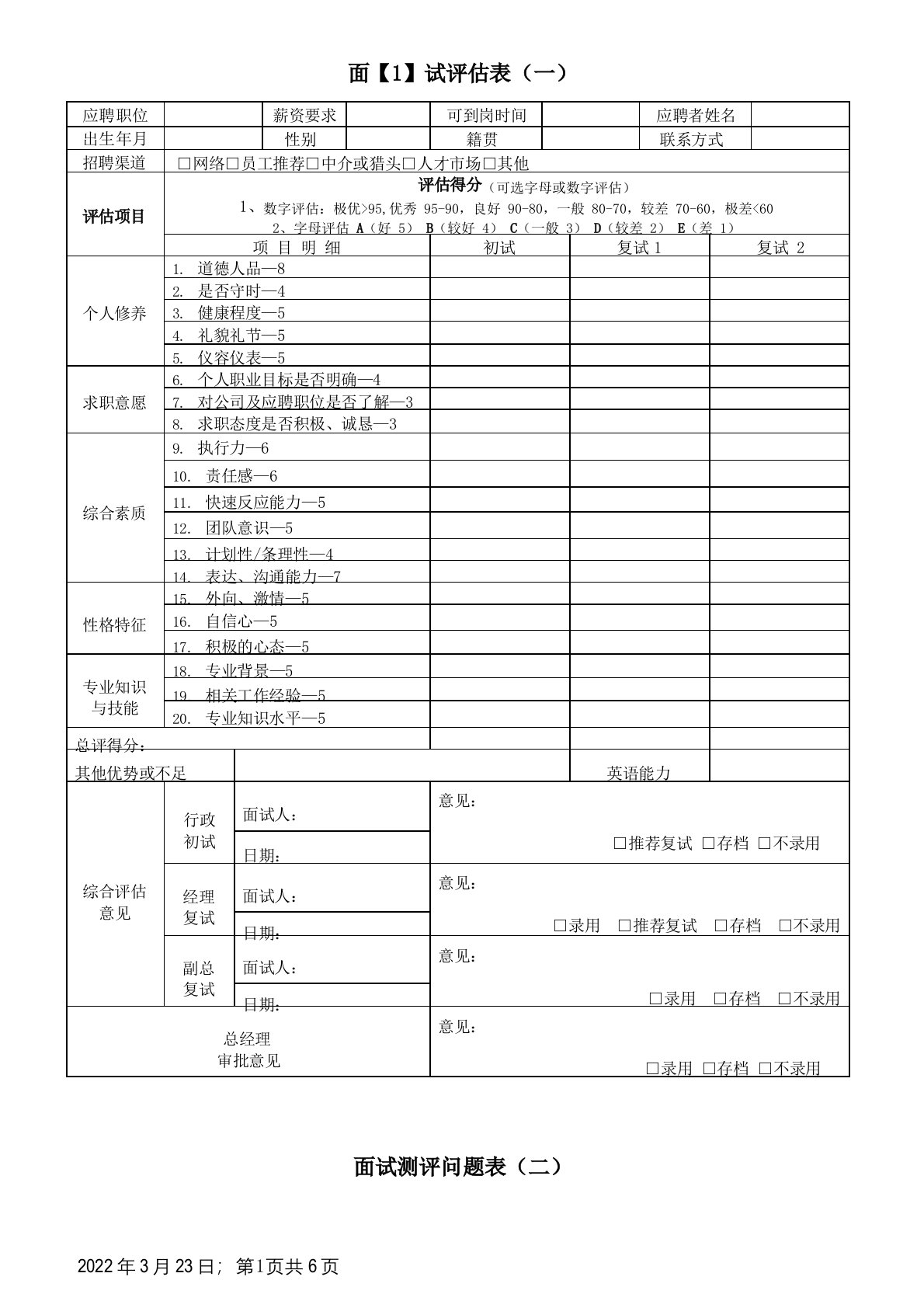 最全招聘面试评估表(五种)-招聘面试测评表