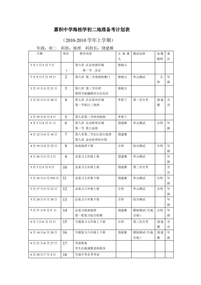 嘉积中学海桂学初二地理备考计划表