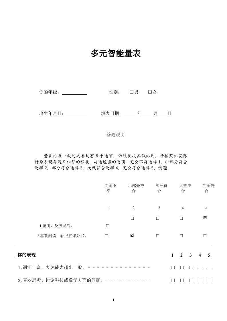 加德纳多元智能量表