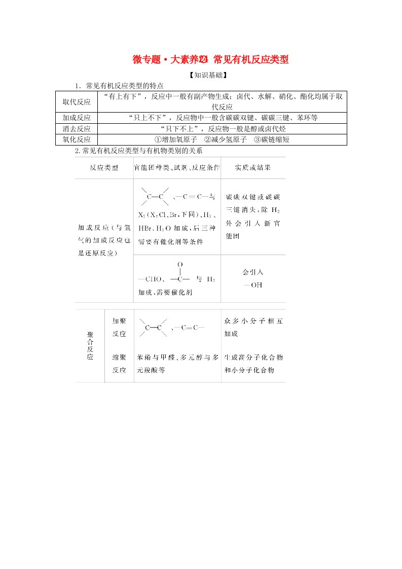 2024版新教材高考化学全程一轮总复习第九章有机化学基础微专题大素养24常见有机反应类型学生用书