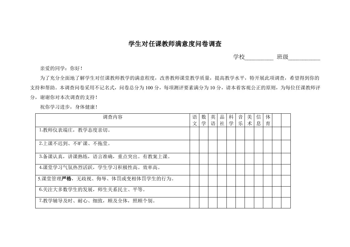 学生对教师满意度调查表