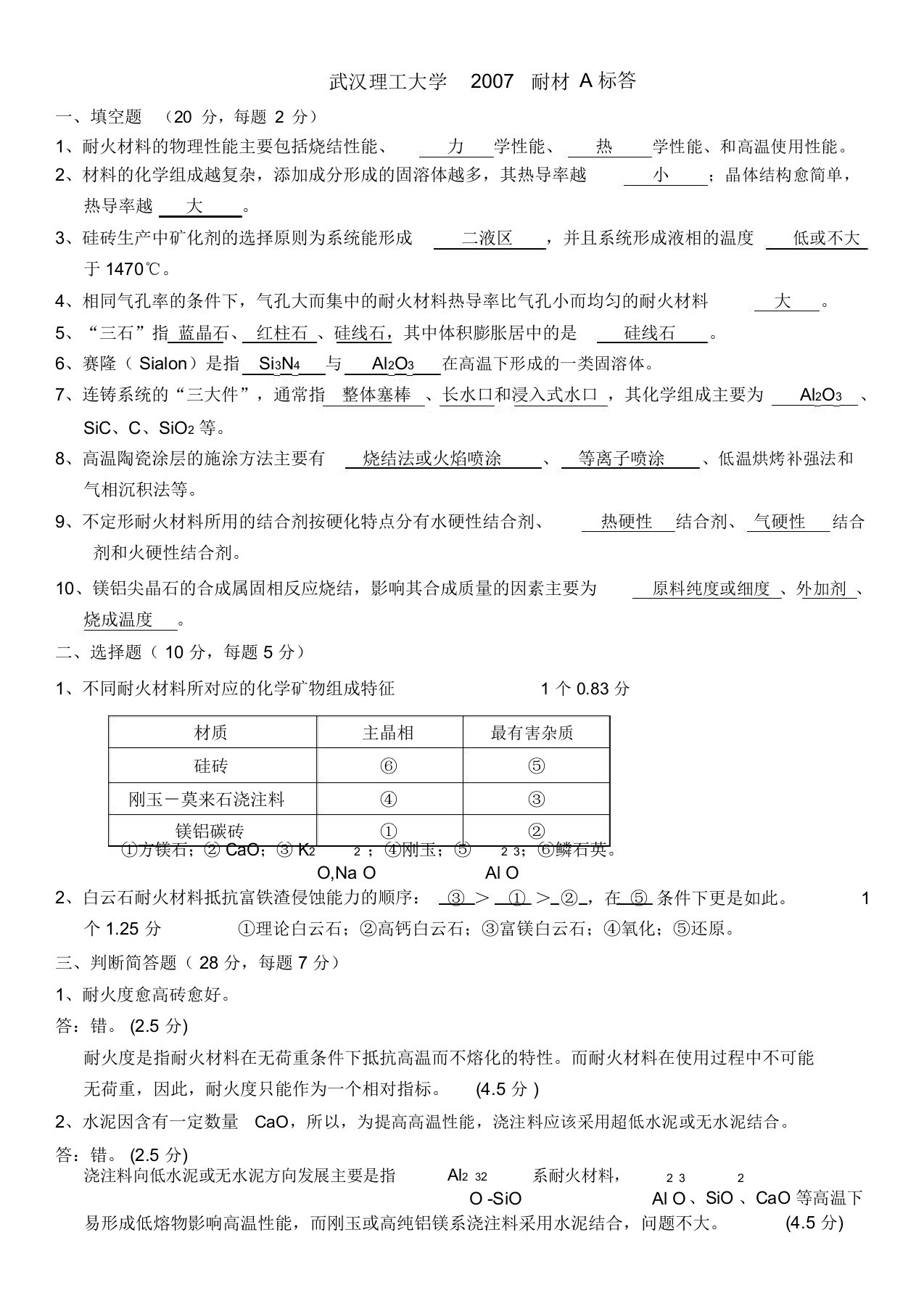 耐火材料试题及答案