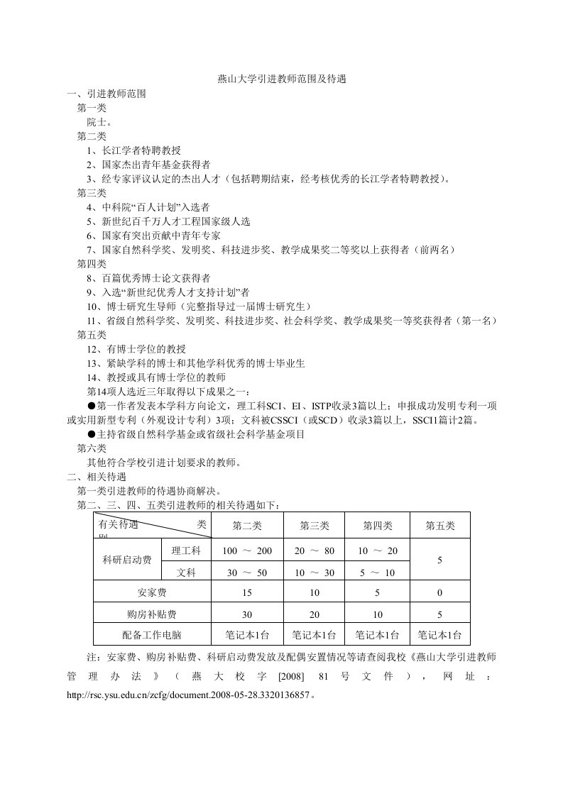 燕山大学引进教师范围及待遇