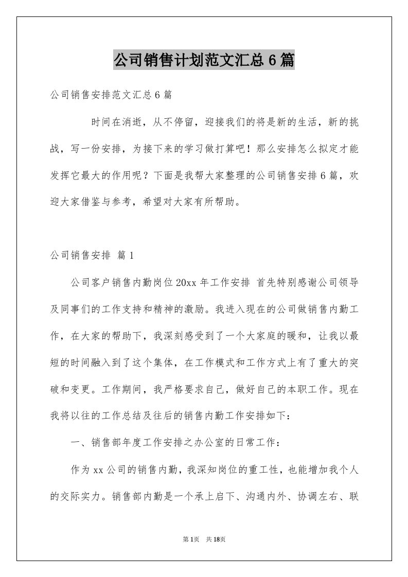 公司销售计划范文汇总6篇例文