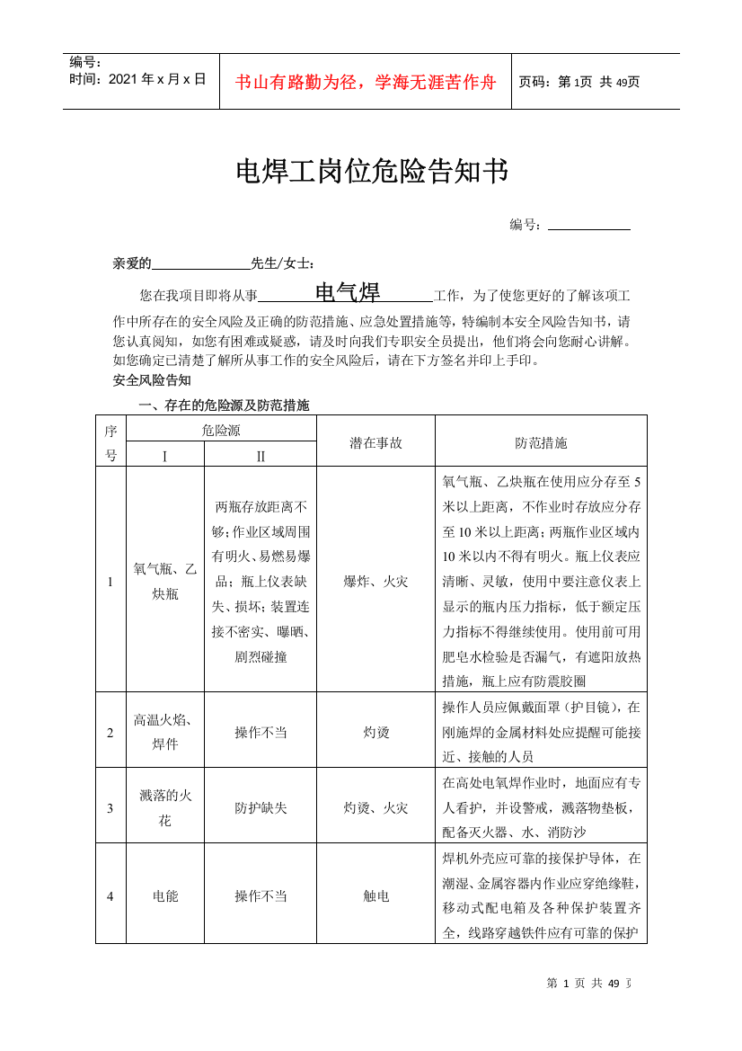 岗位危险告知书(DOC43页)