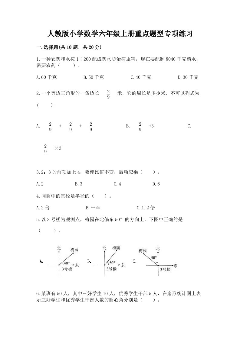 人教版小学数学六年级上册重点题型专项练习加答案（有一套）