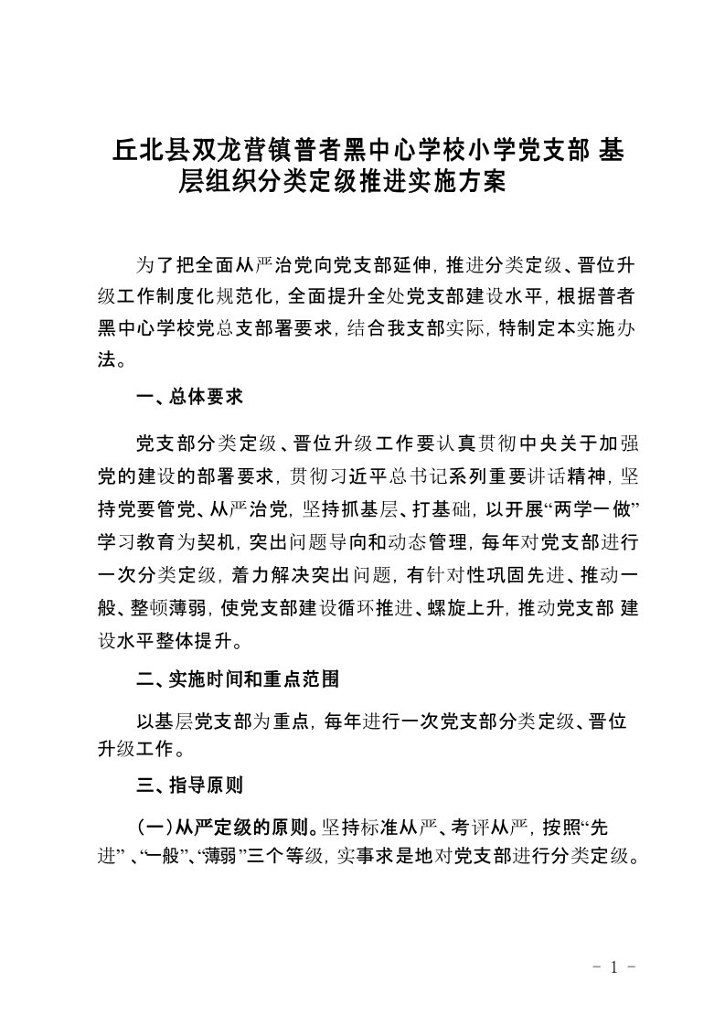 丘北县双龙营镇普者黑中心学校小学党支部分类定级推进实施方案