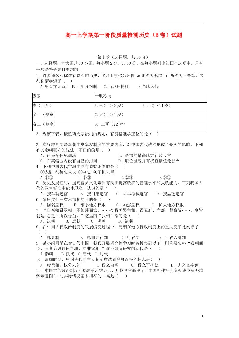 福建省三明九中高一历史上学期第一阶段质量检试题（B卷,无答案）新人教版