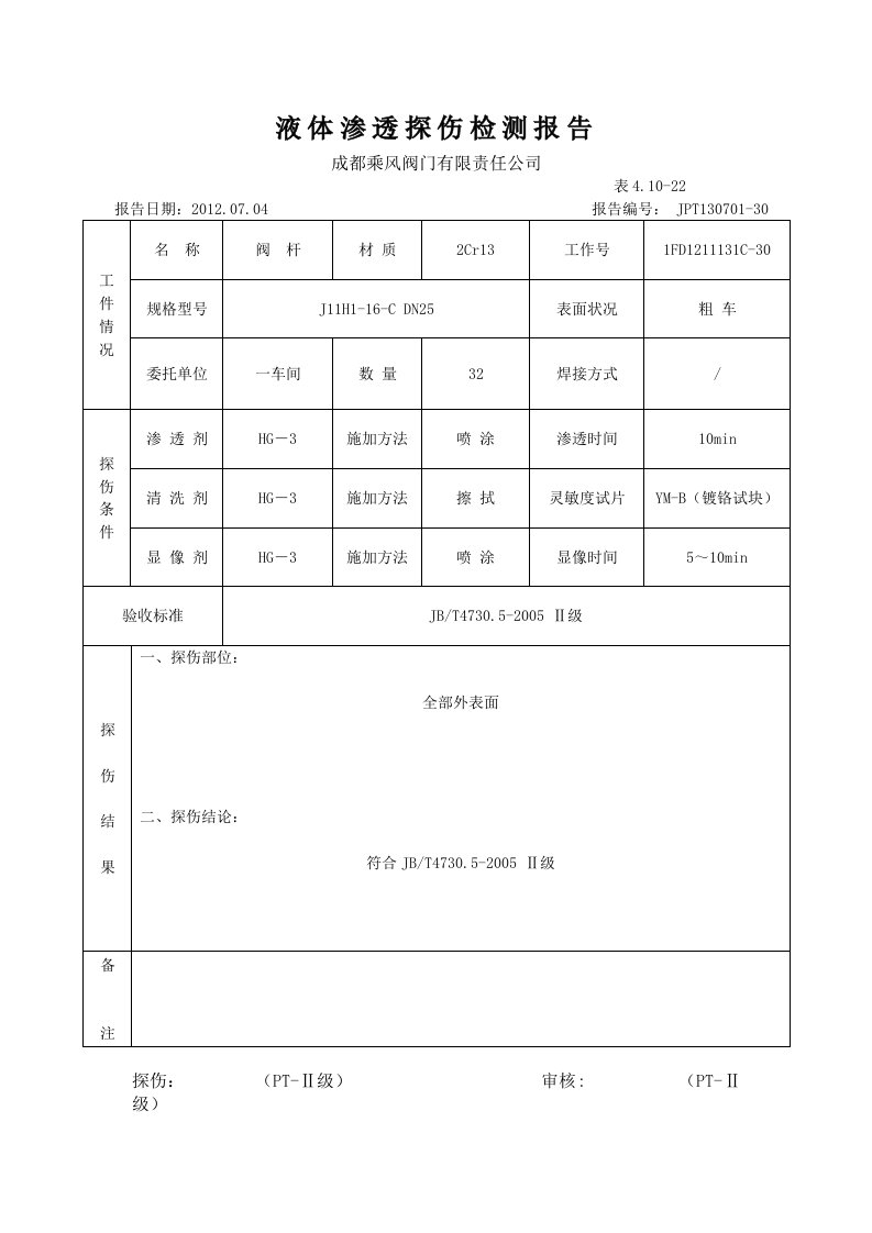 液体渗透探伤检测报告