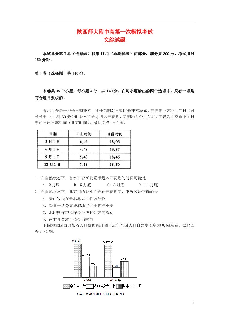 陕西省师大附中高三文综上学期第一次模拟考试试题