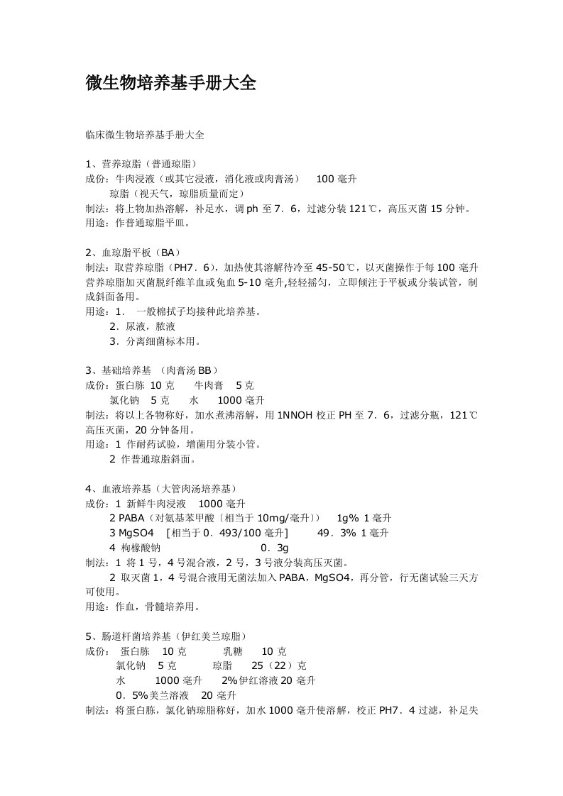 微生物培养基手册大全