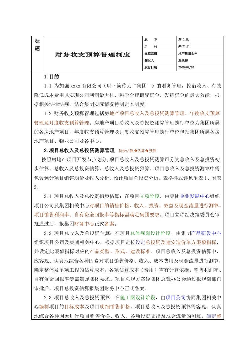 某房地产集团公司财务收支预算管理制度