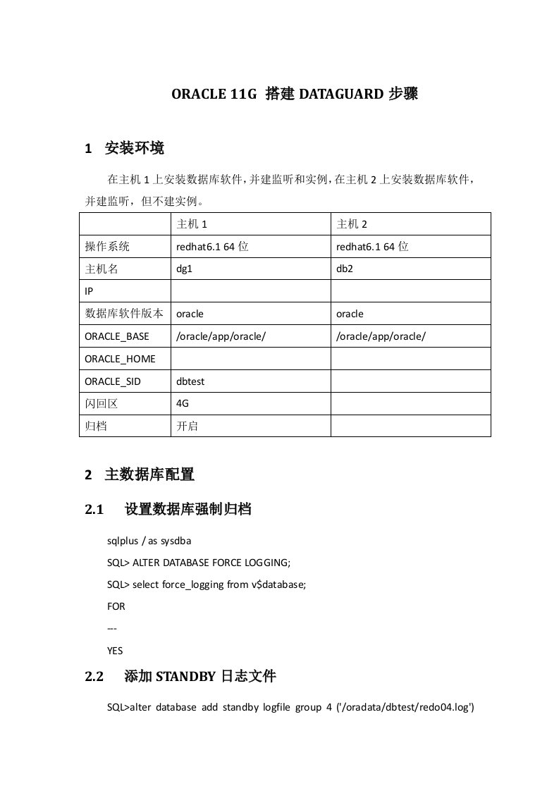 ORACLE11G搭建DATAGUARD步骤