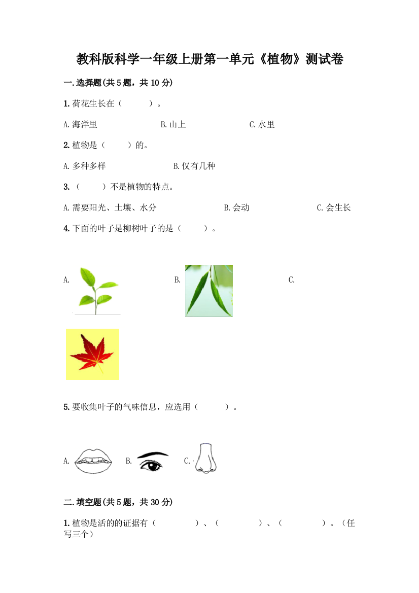 教科版科学一年级上册第一单元《植物》测试卷-精品(名师系列)