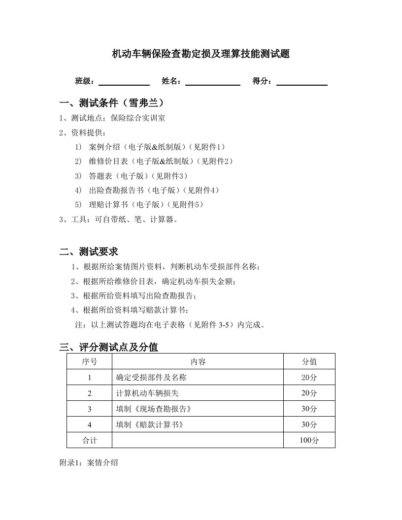 机动车辆保险查勘定损及理算专业技能测试题(6页)