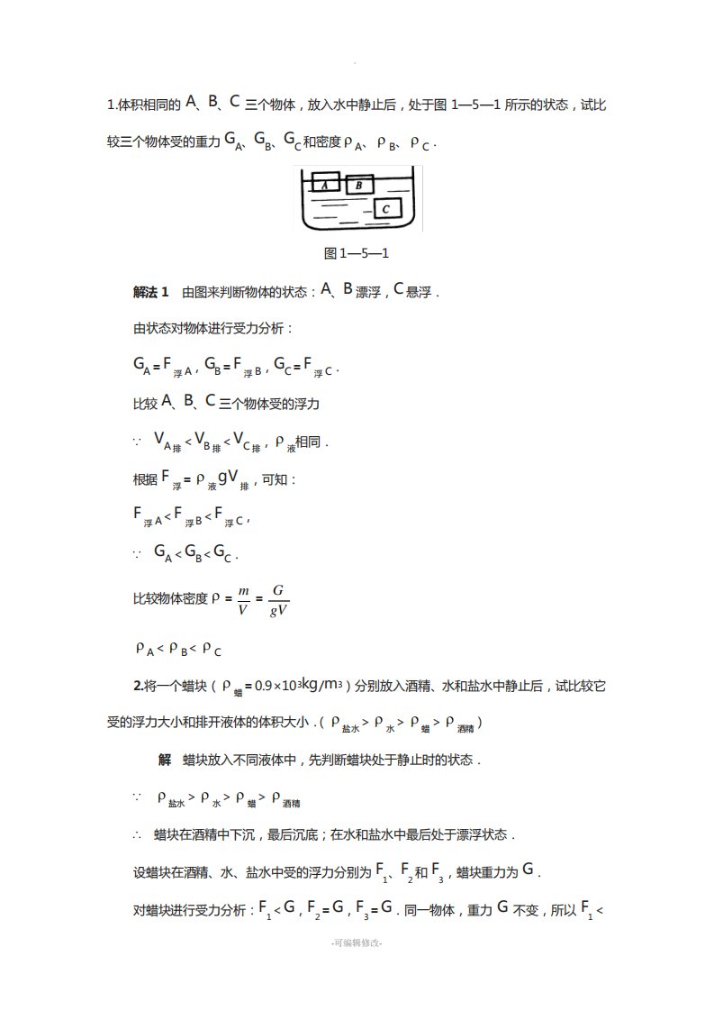 初二物理浮力部分经典例题(带答案)