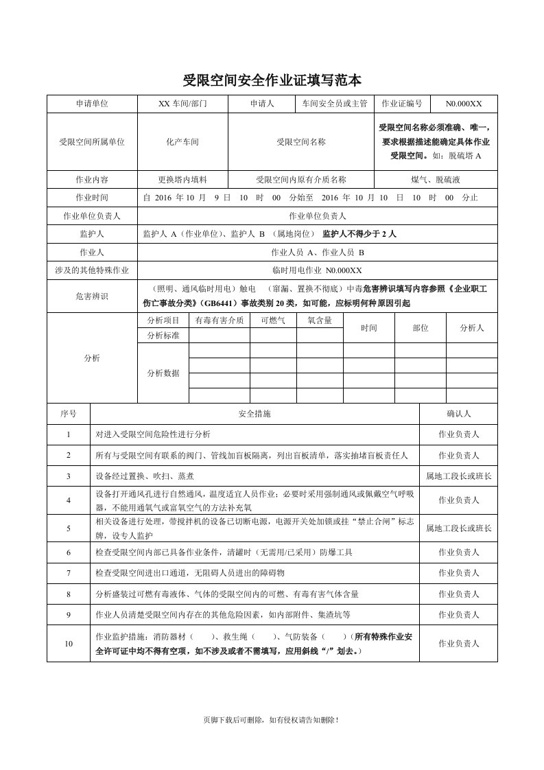 受限空间安全作业证填写范本