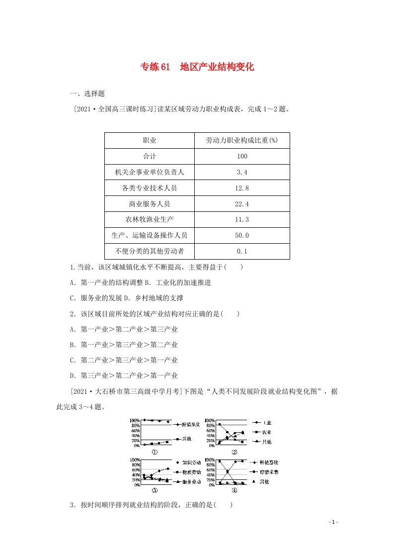 2022届高考地理一轮复习专练61地区产业结构变化含解析