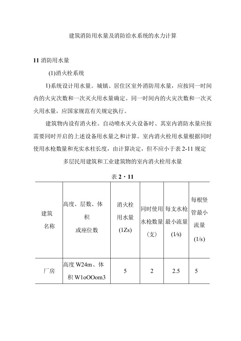 建筑消防用水量及消防给水系统的水力计算