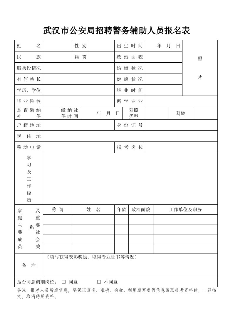 武汉市公安局招聘警务辅助人员报名表