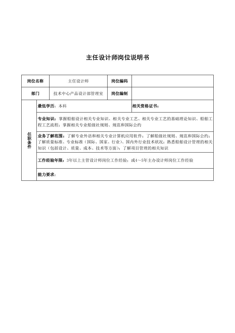 广船国际产品设计部管理室主任设计师岗位说明书