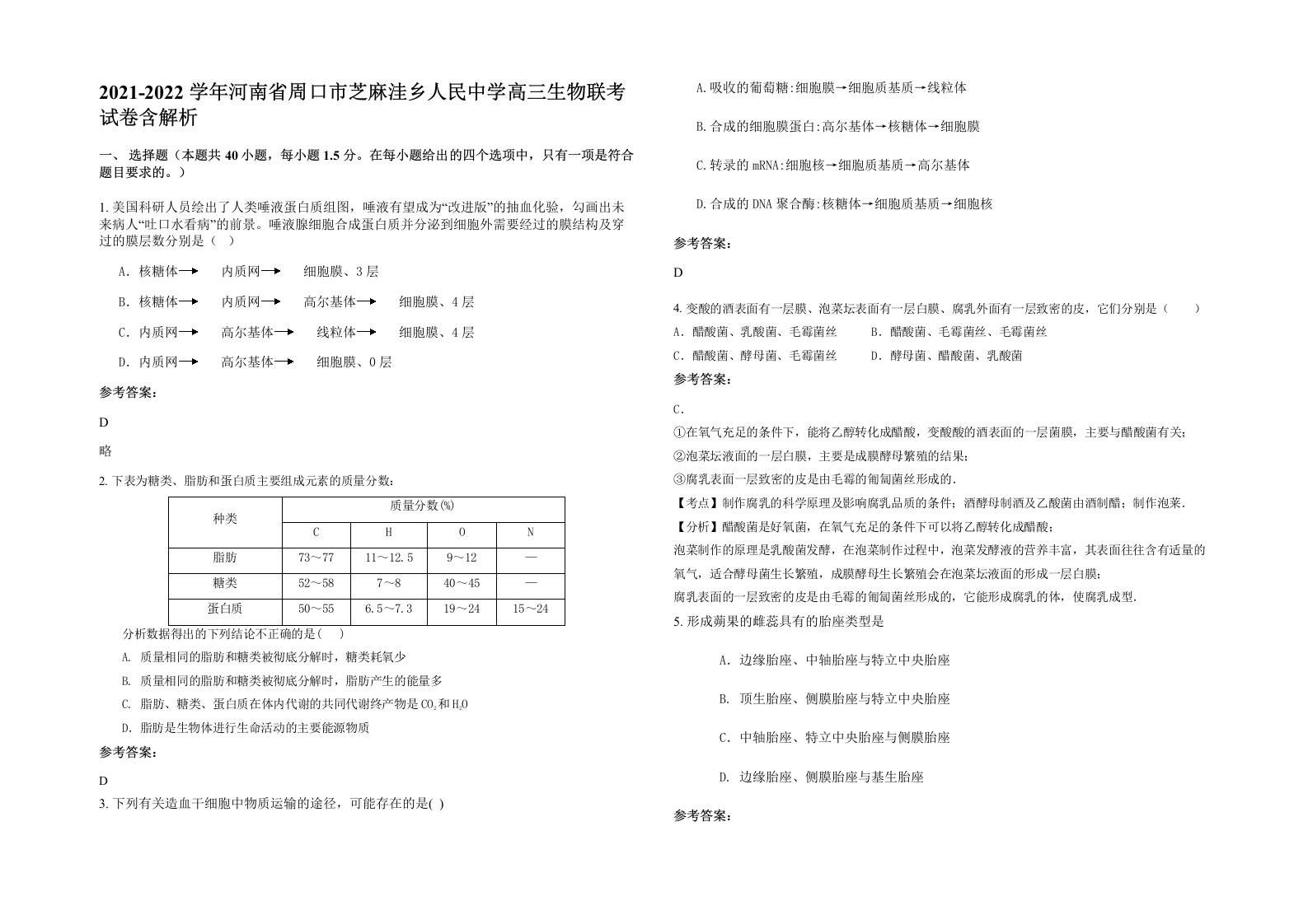 2021-2022学年河南省周口市芝麻洼乡人民中学高三生物联考试卷含解析