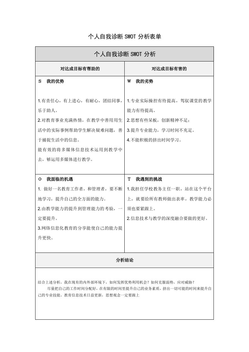 个人自我诊断SWOT分析表