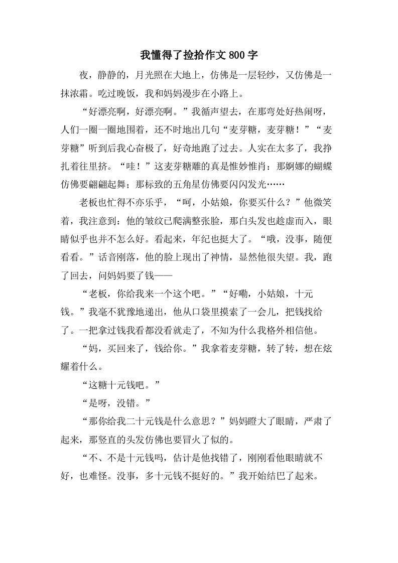 我懂得了捡拾作文800字