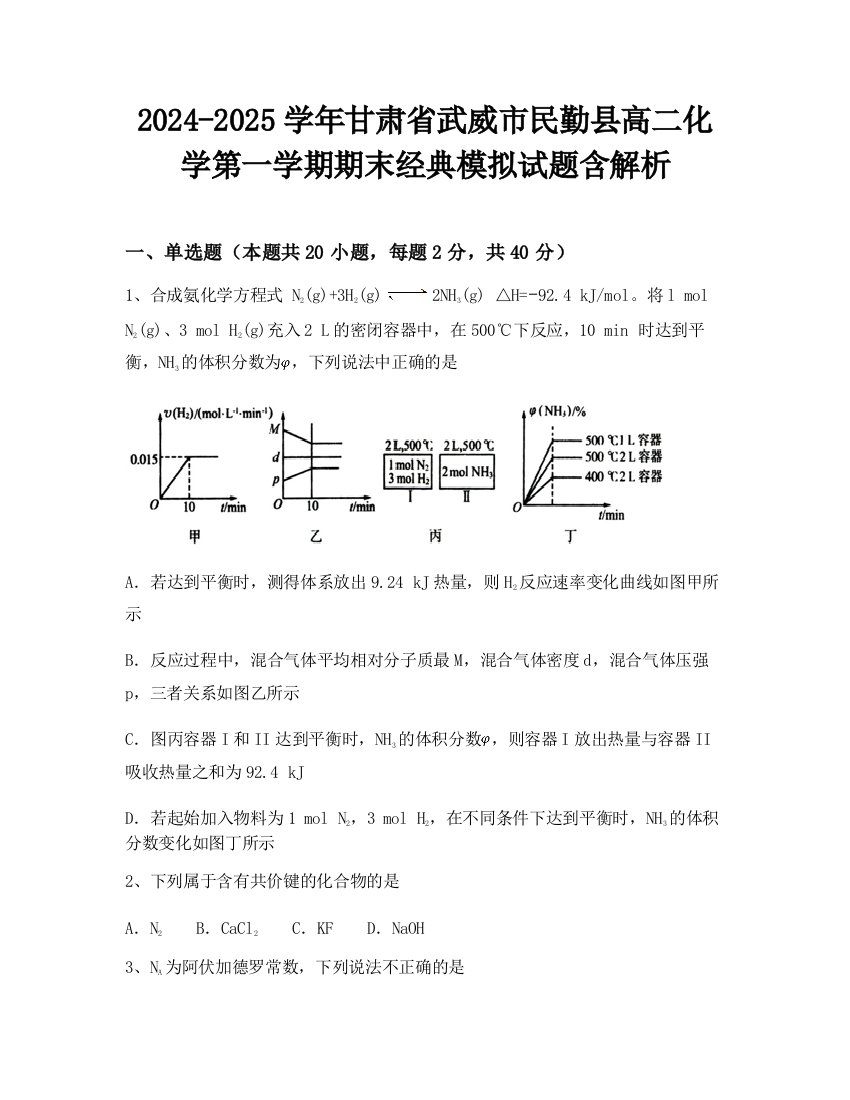 2024-2025学年甘肃省武威市民勤县高二化学第一学期期末经典模拟试题含解析