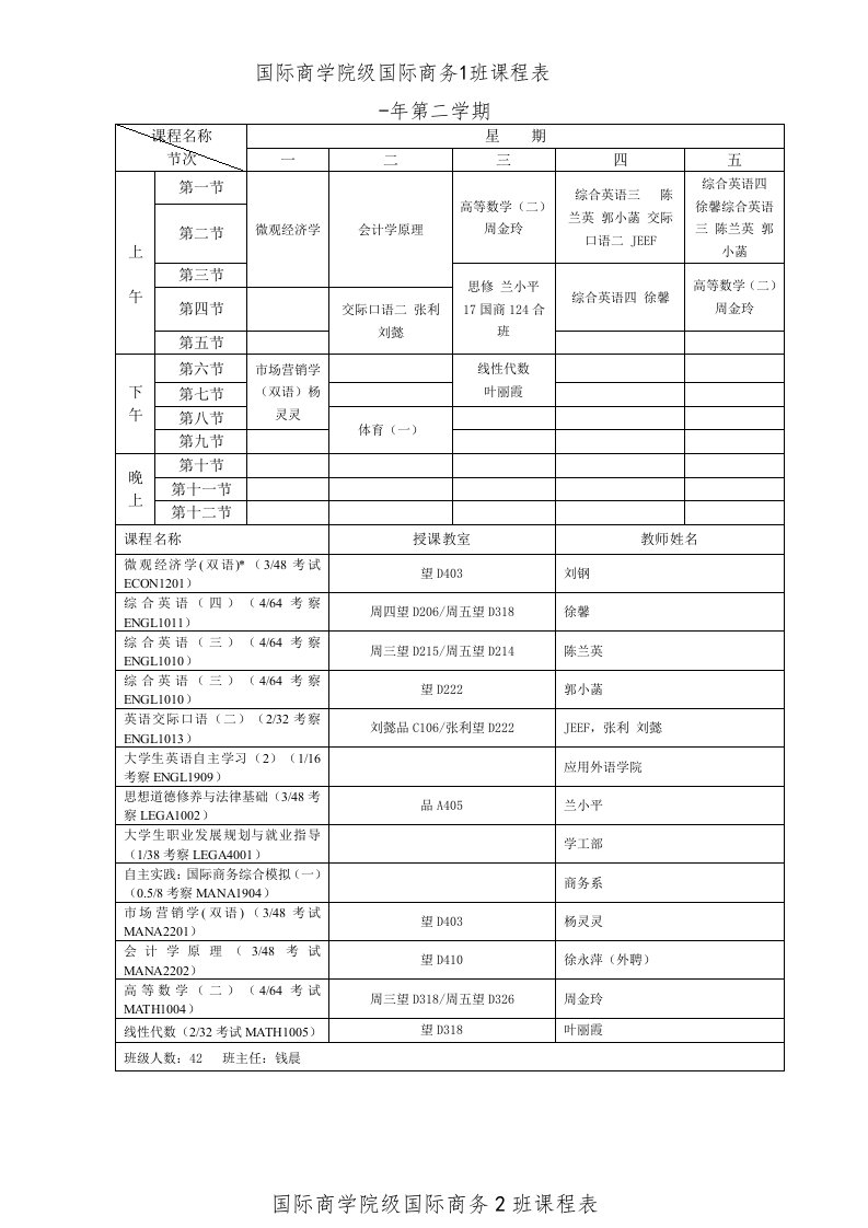 国际商学院国际商务1班课程表