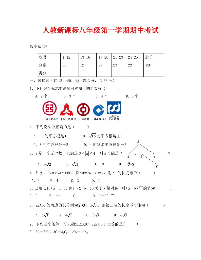 八年级上人教新课标期中考试试卷6--数学