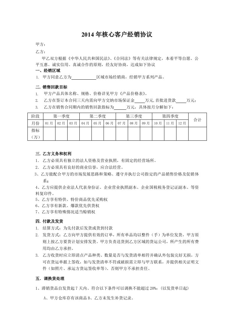 2014年核心客户销售协议