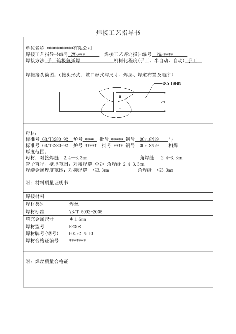 不锈钢手工钨极氩弧焊焊接工艺评定样表0