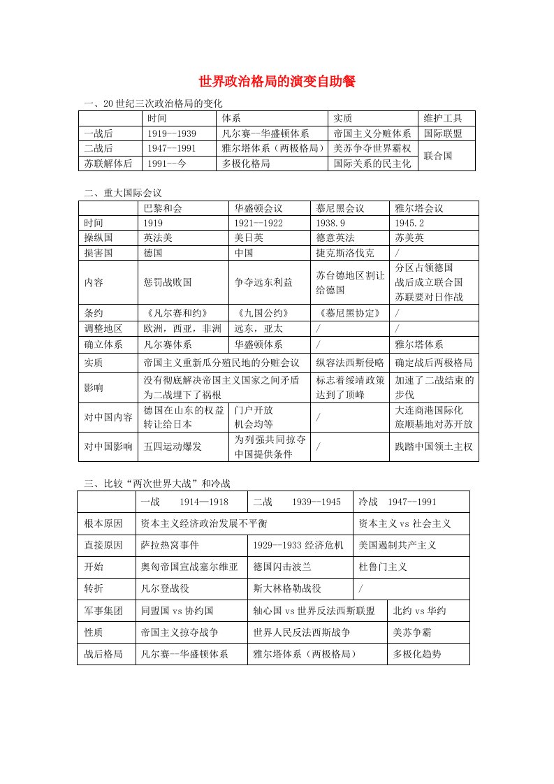 福建省漳州市2020年中考历史世界政治格局的演变复习北师大版