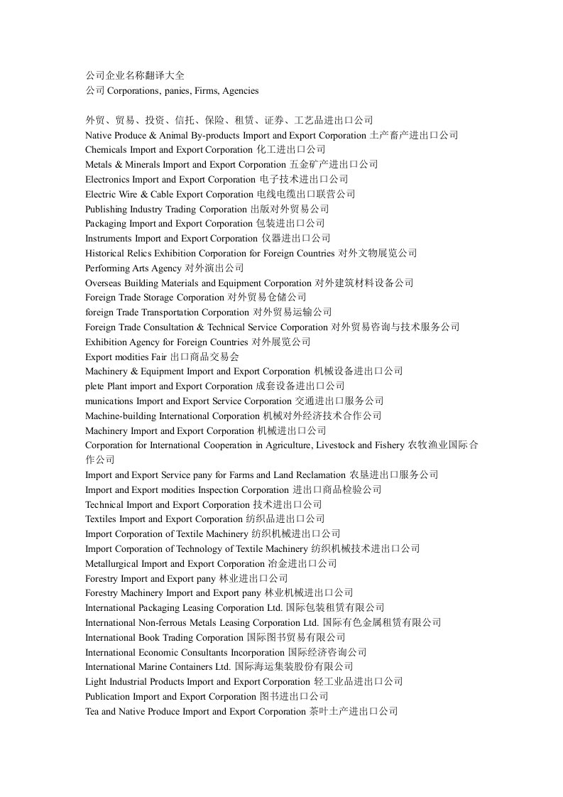 酒类资料-公司企业名称翻译大全