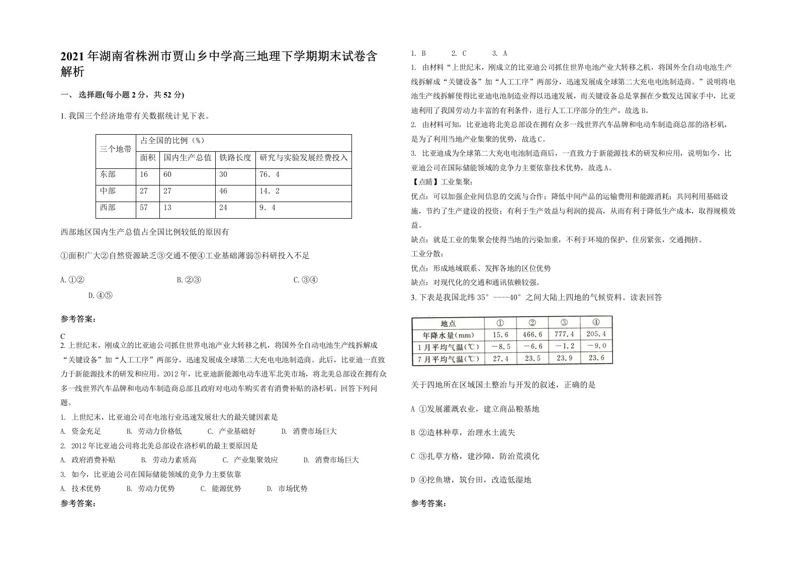 2021年湖南省株洲市贾山乡中学高三地理下学期期末试卷含解析