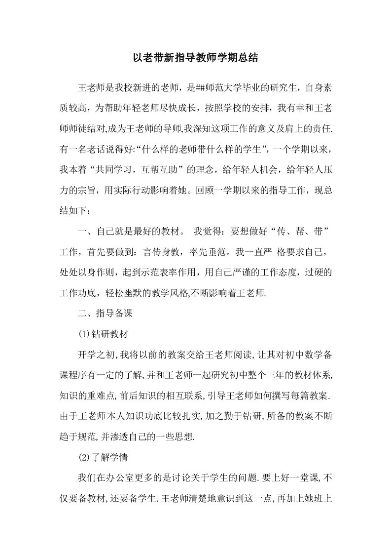 老带新指导教师工作总结