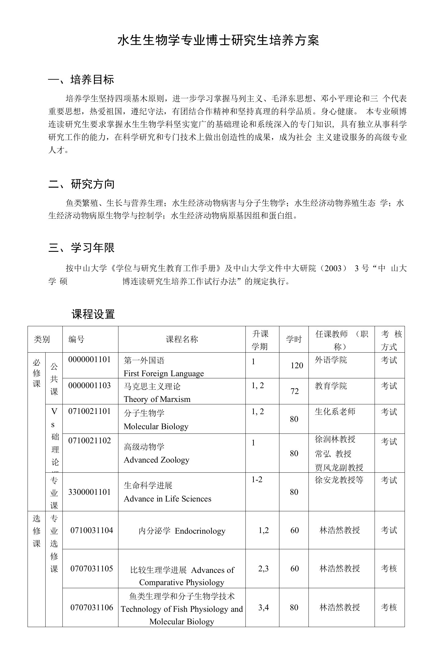 水生生物学专业博士研究生培养方案精品资料