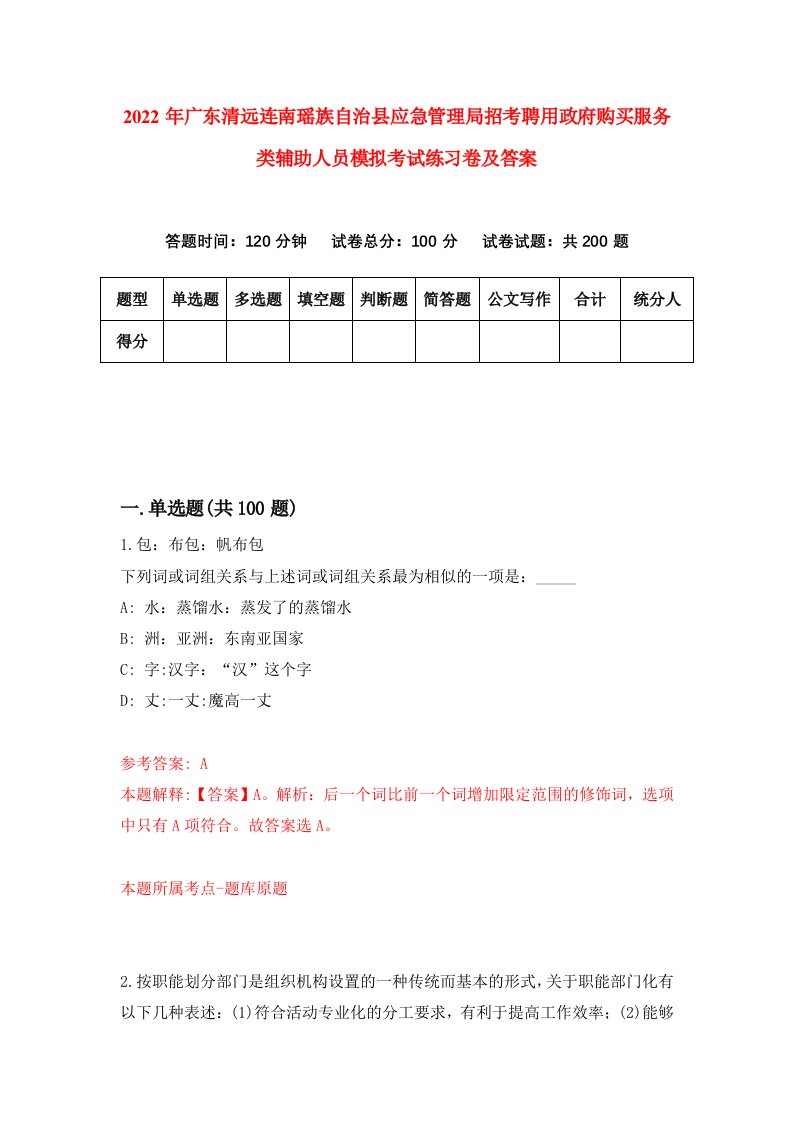 2022年广东清远连南瑶族自治县应急管理局招考聘用政府购买服务类辅助人员模拟考试练习卷及答案8