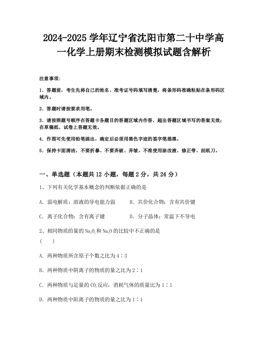 2024-2025学年辽宁省沈阳市第二十中学高一化学上册期末检测模拟试题含解析