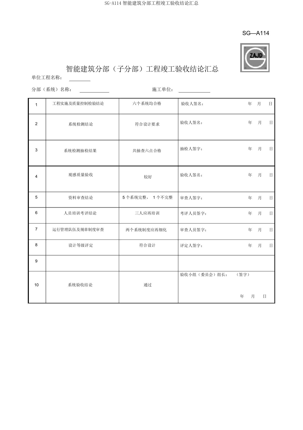 SG-A114智能建筑分部工程竣工验收结论汇总