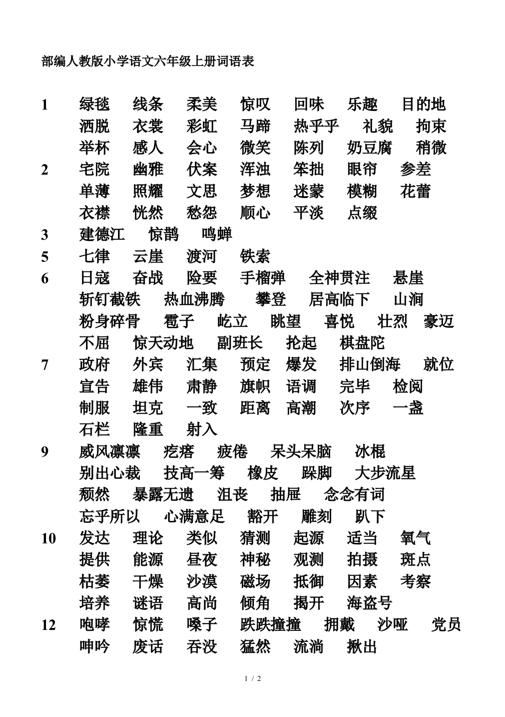 部编人教版小学语文六年级上册词语表