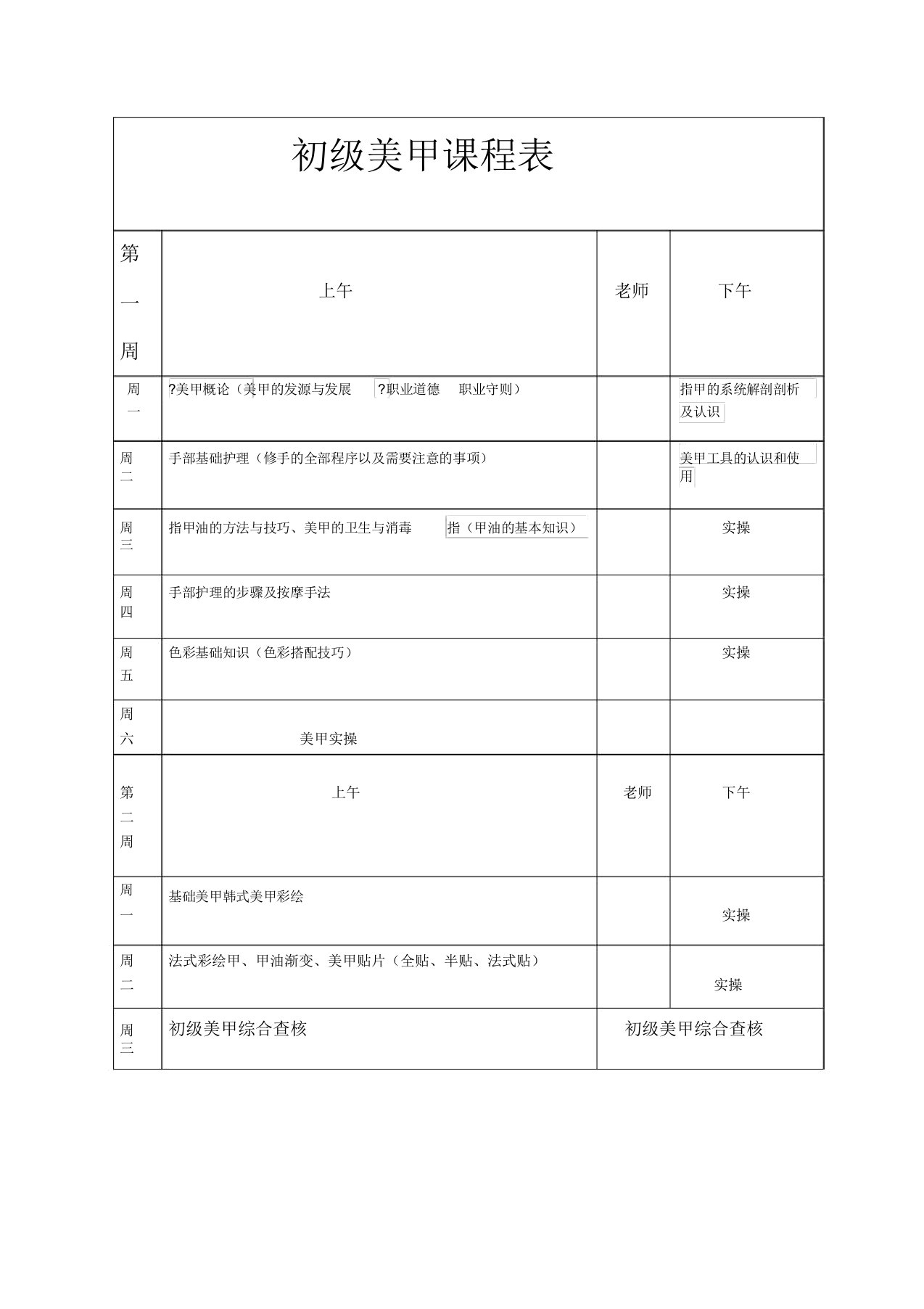 初级美甲课程表