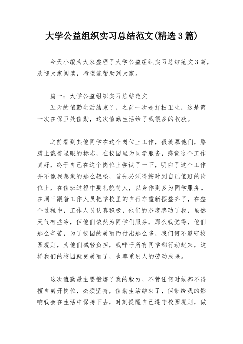 大学公益组织实习总结范文(精选3篇)