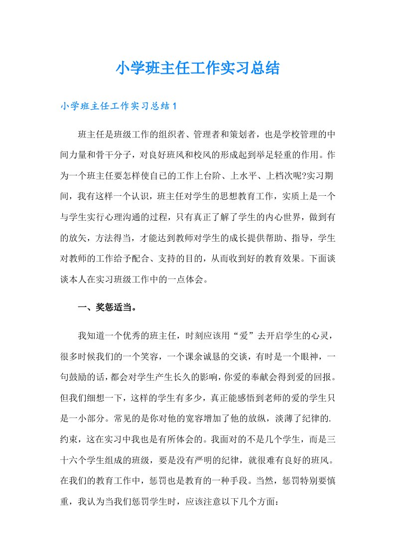 小学班主任工作实习总结